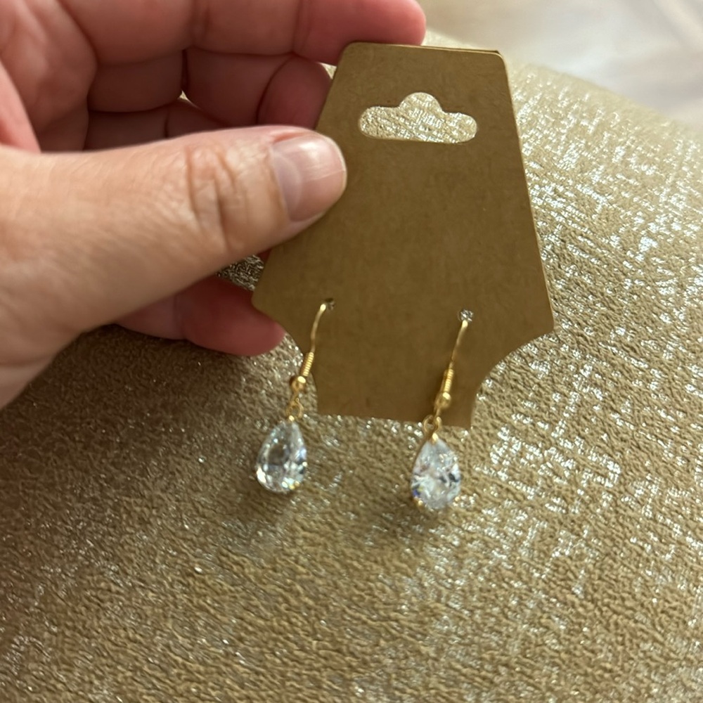 Nickel free gold tone Zirconia dangle teardrop earrings hand made